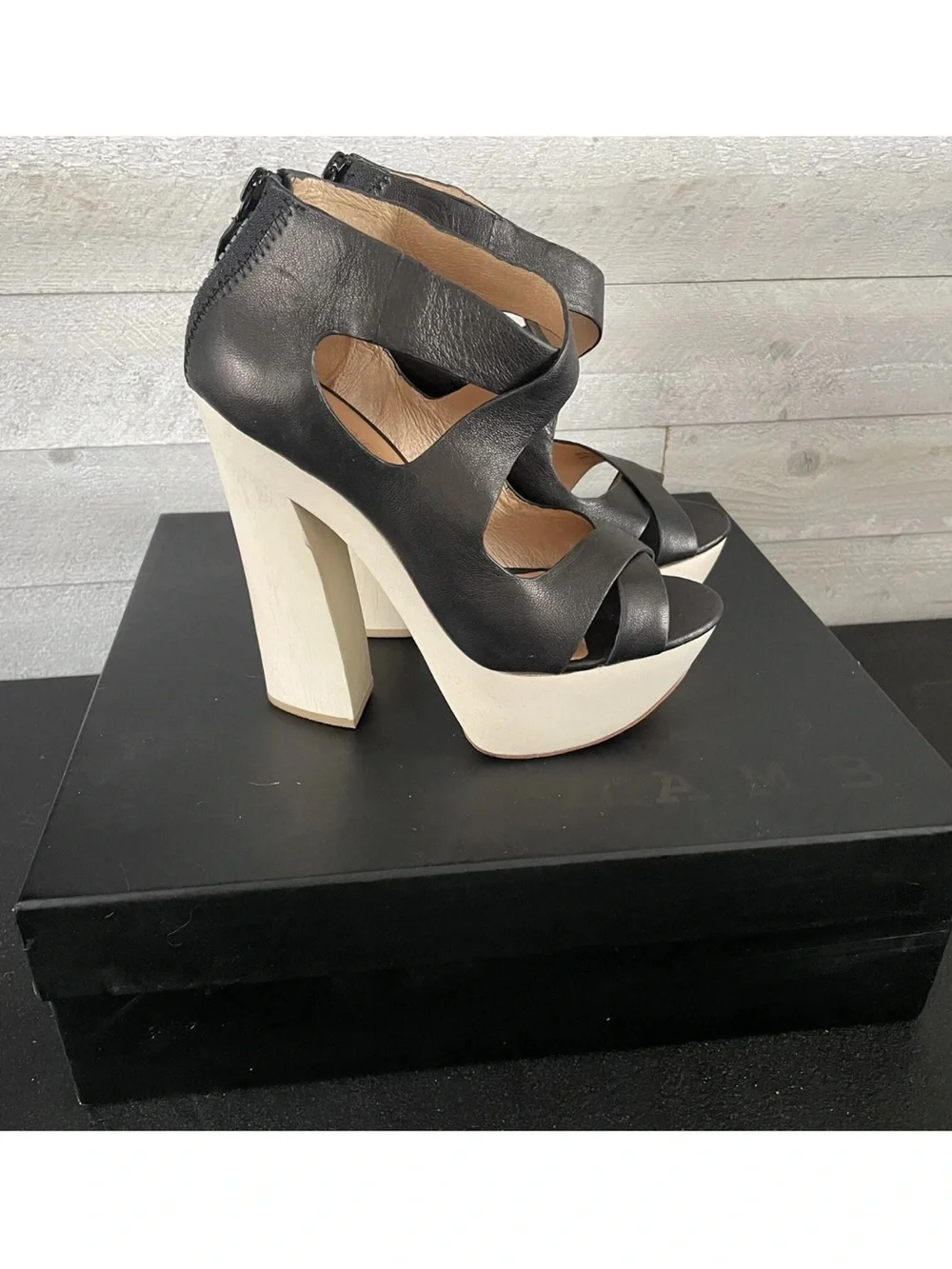 LAMB Black Leather Crisscross Platform Sandals with Cream Platform